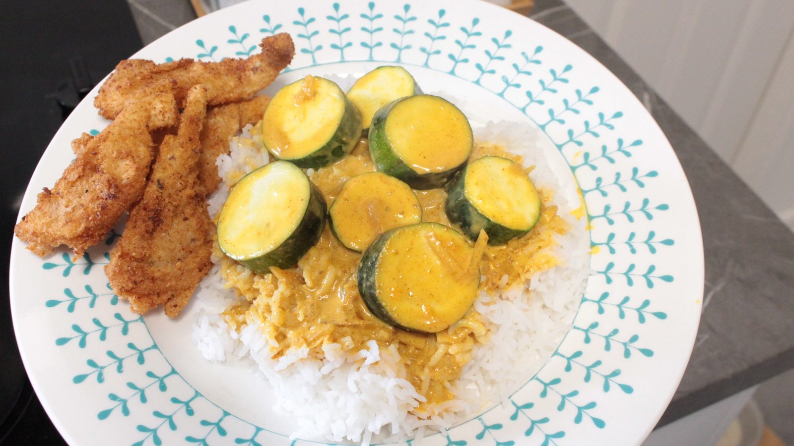 Zucchini Curry with Rice and Crumb-fried Oyster Mushrooms